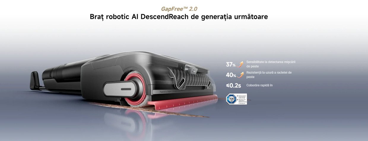 Bratul robotic GapFree 2.0 ajuta Dreame H15 Pro FoamWash sa curete mai bine marginile si peretii